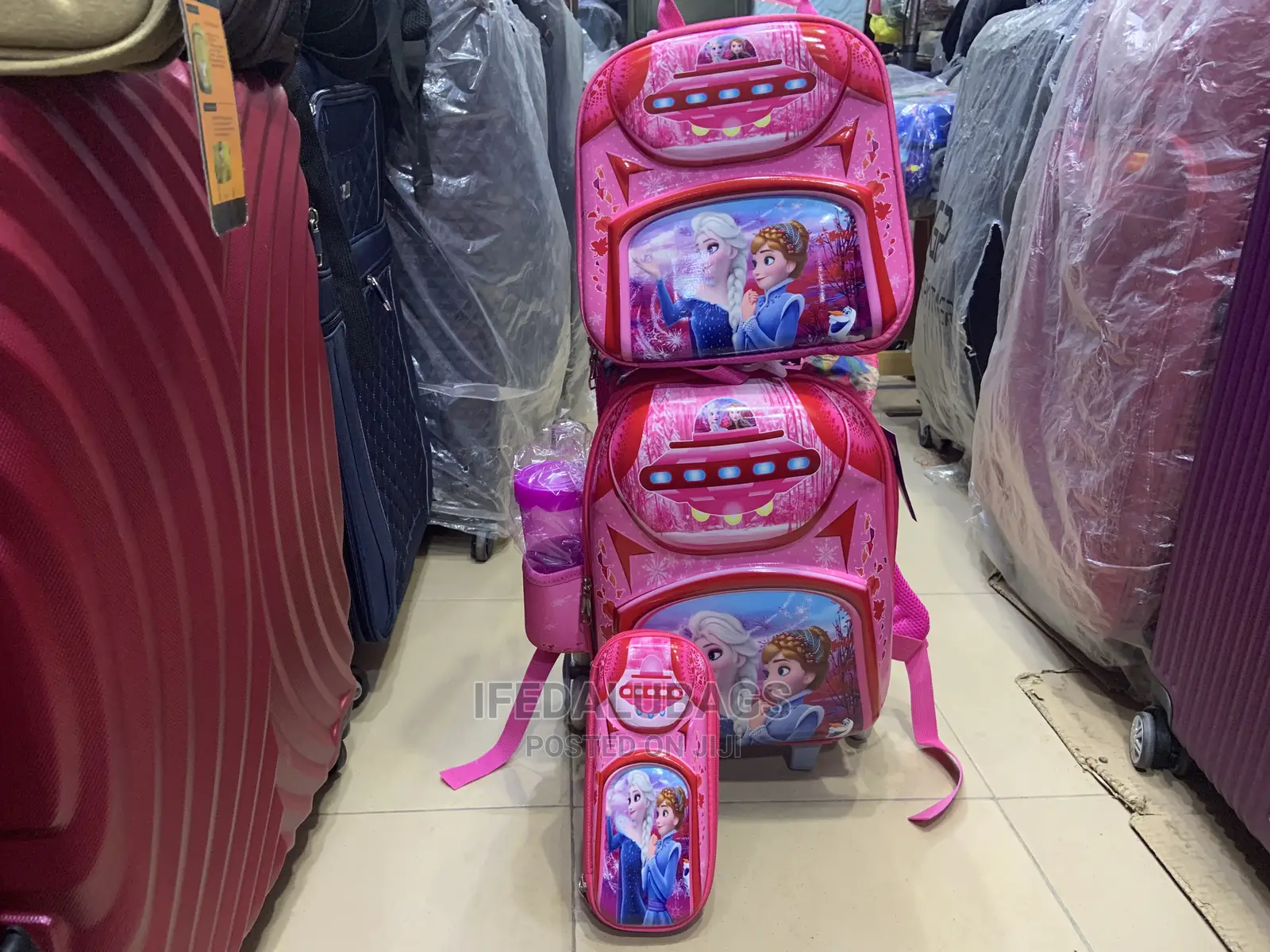 4n1 Set of Pink Cartoon Character Kids Trolley School Bag