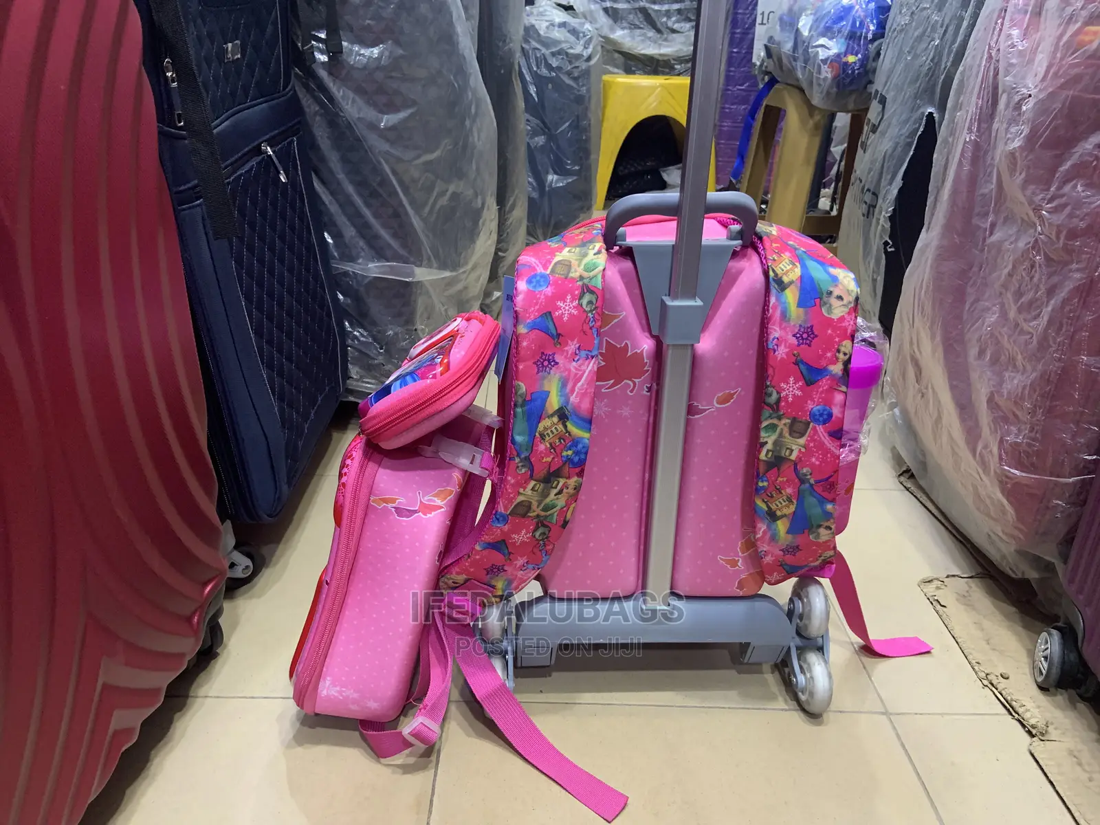 4n1 Set of Pink Cartoon Character Kids Trolley School Bag