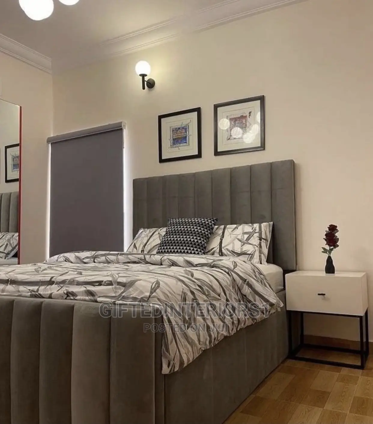 4 by 6 Striped Bed Frame and Bedside Cupboard