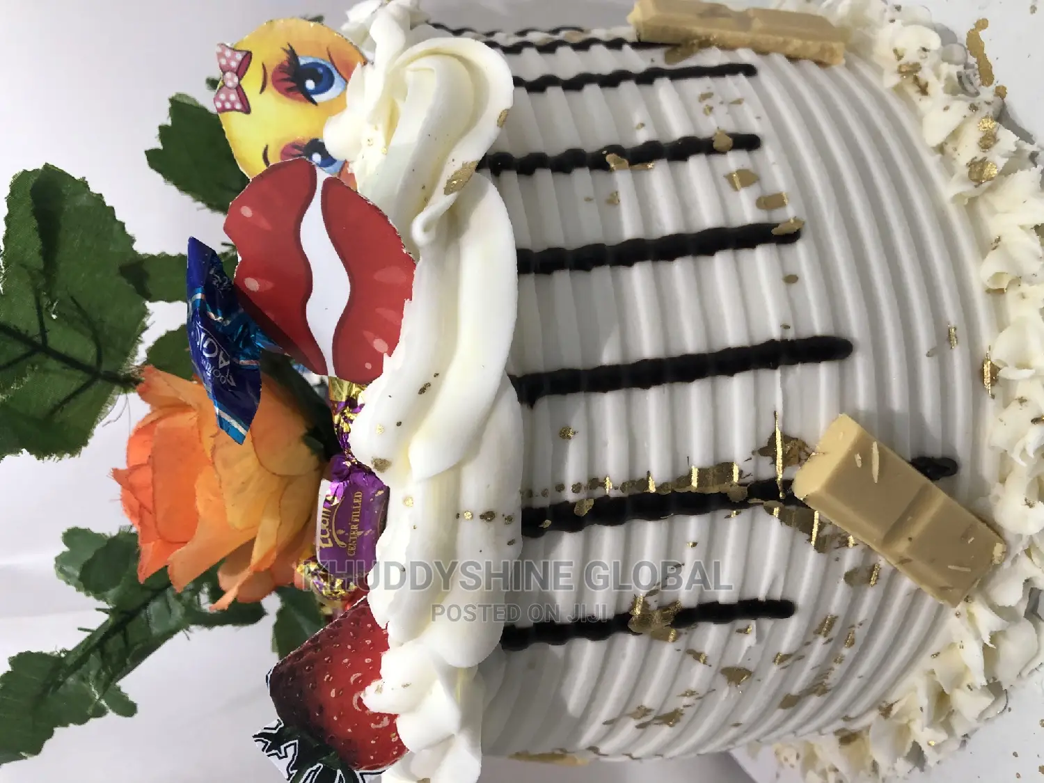 White and Gold With Chocolate Toppings Birthday Cakes