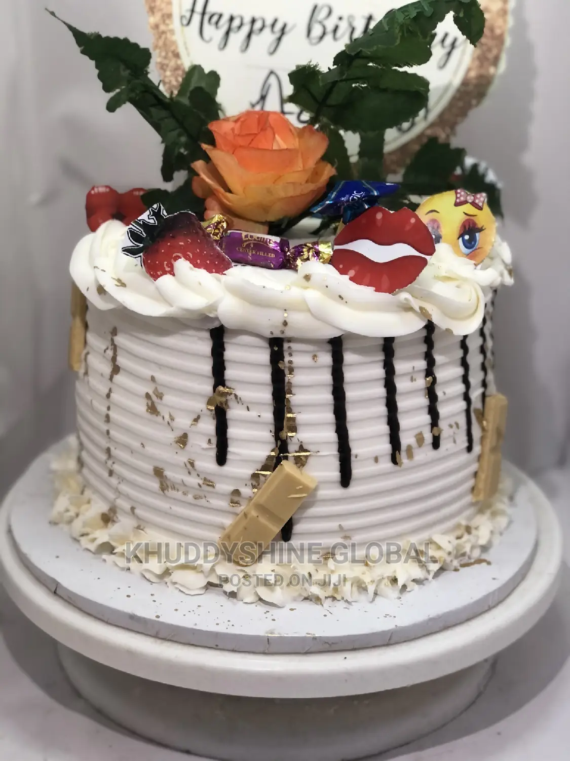 White and Gold With Chocolate Toppings Birthday Cakes