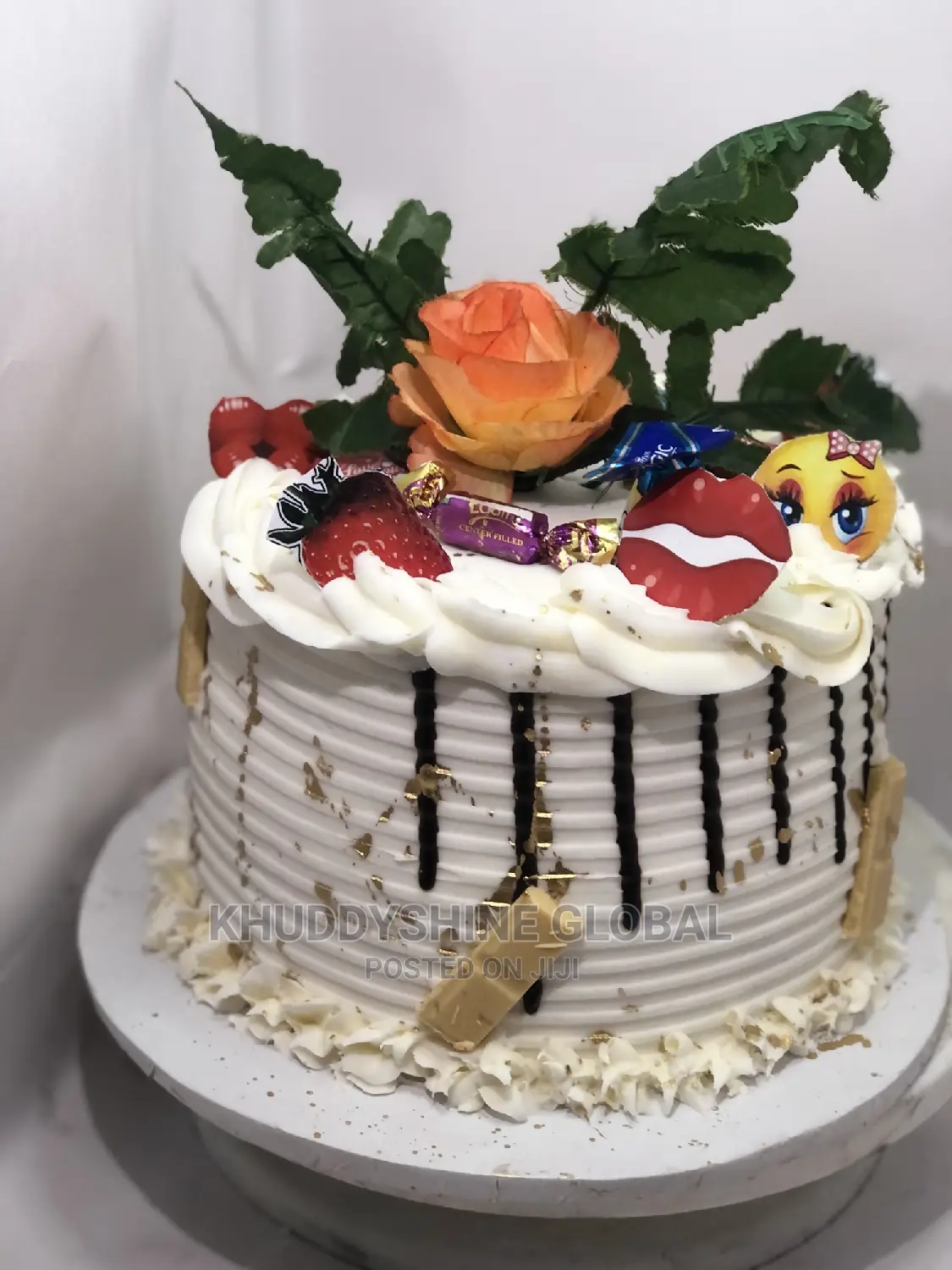 White and Gold With Chocolate Toppings Birthday Cakes