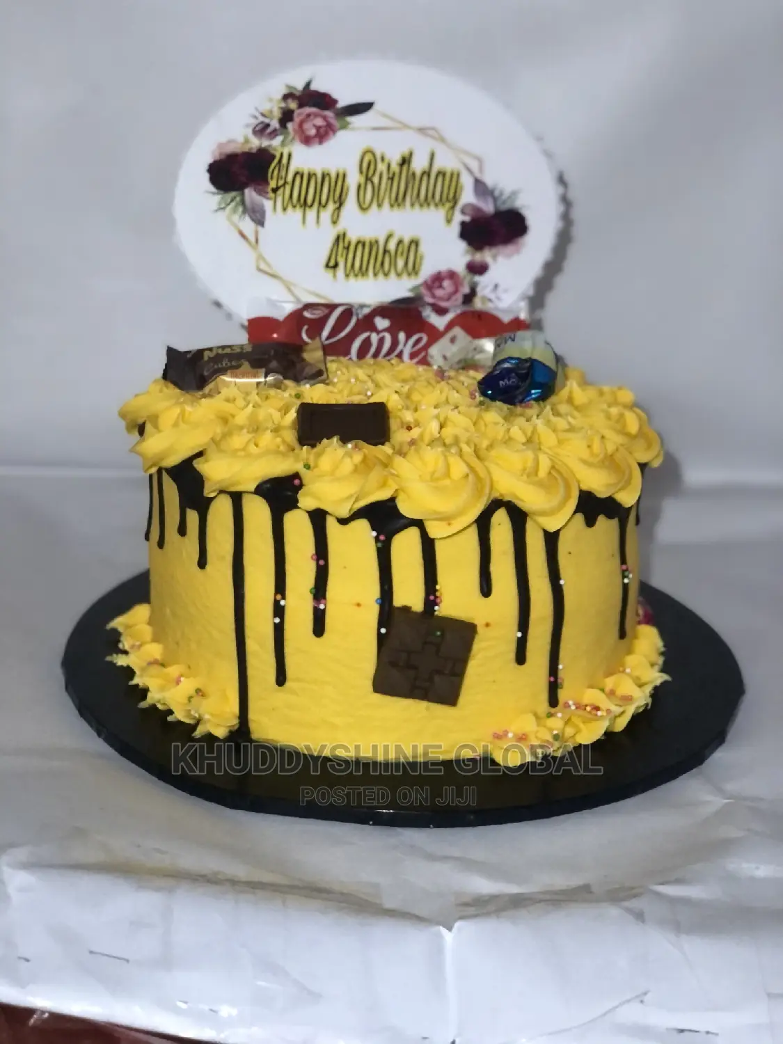 Golden Yellow With Chocolate Toppings Birthday Cakes