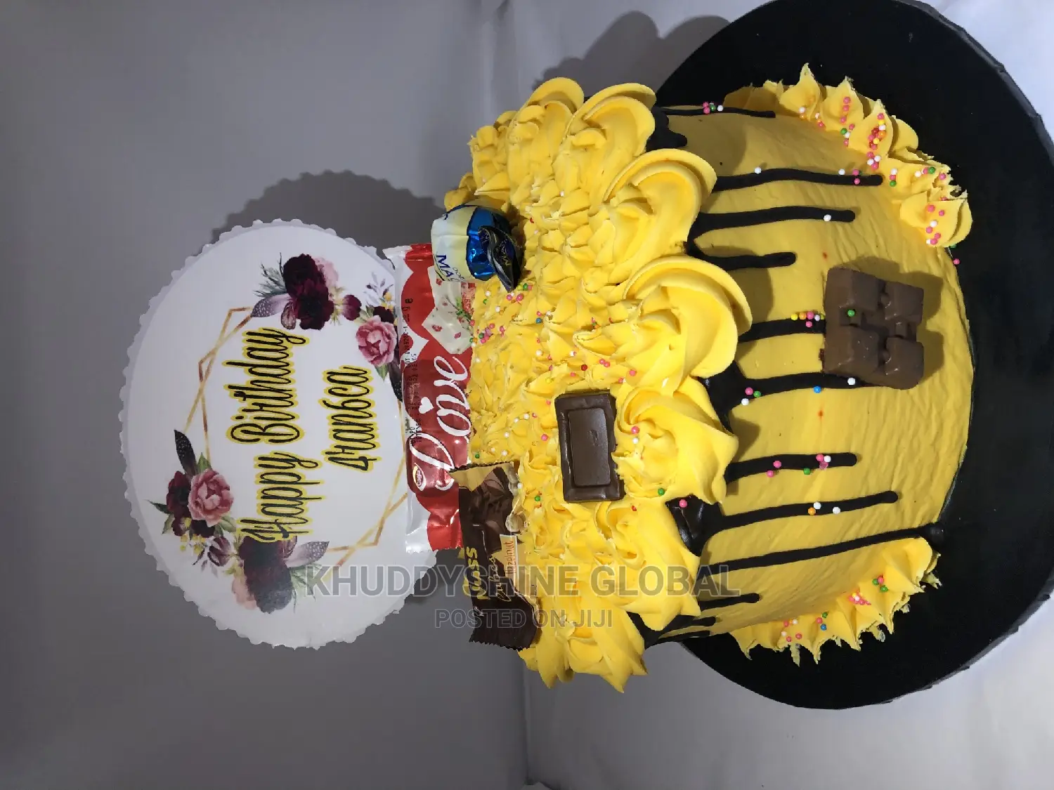 Golden Yellow With Chocolate Toppings Birthday Cakes