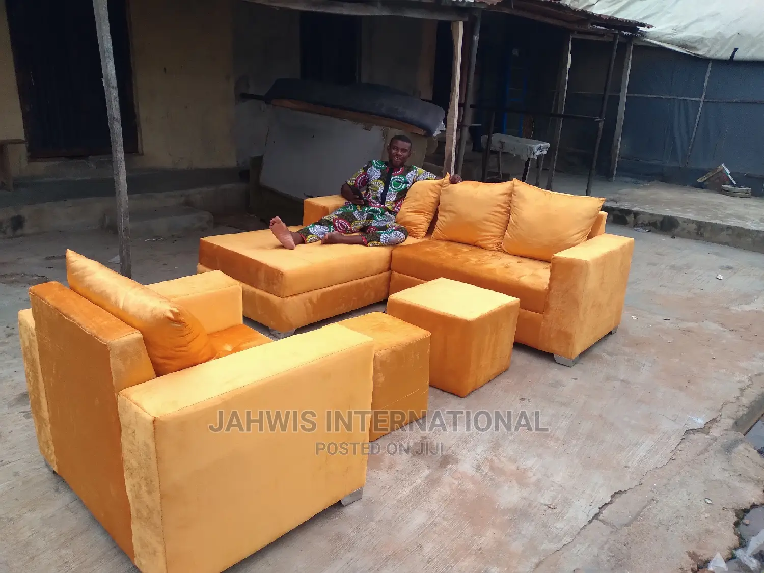 L-Shape Chairs With Center Table and Pouf