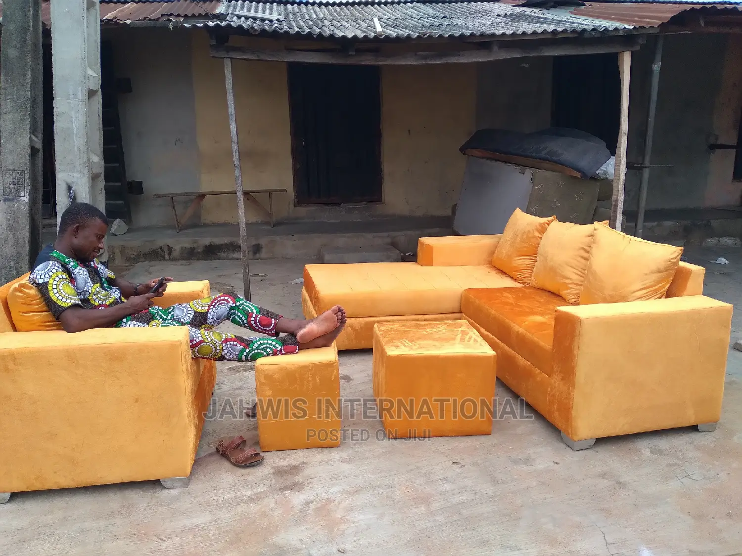 L-Shape Chairs With Center Table and Pouf