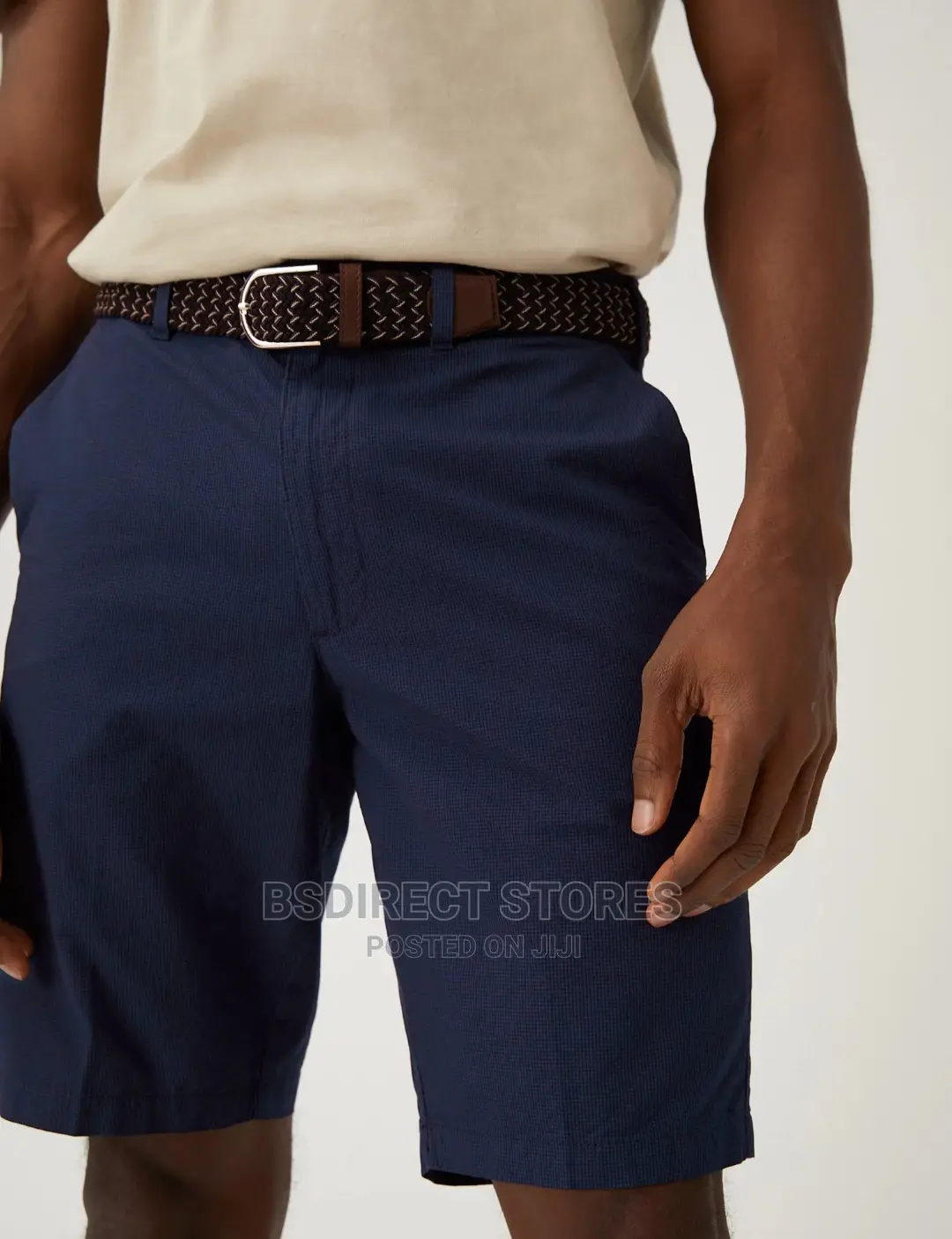 Marks and Spencer Navy 44in Pure Cotton Checked Belted Chino