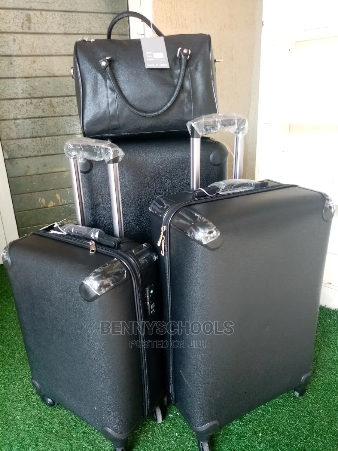 Set of 4 Black Imported Leather Traveling Luggage Boxes