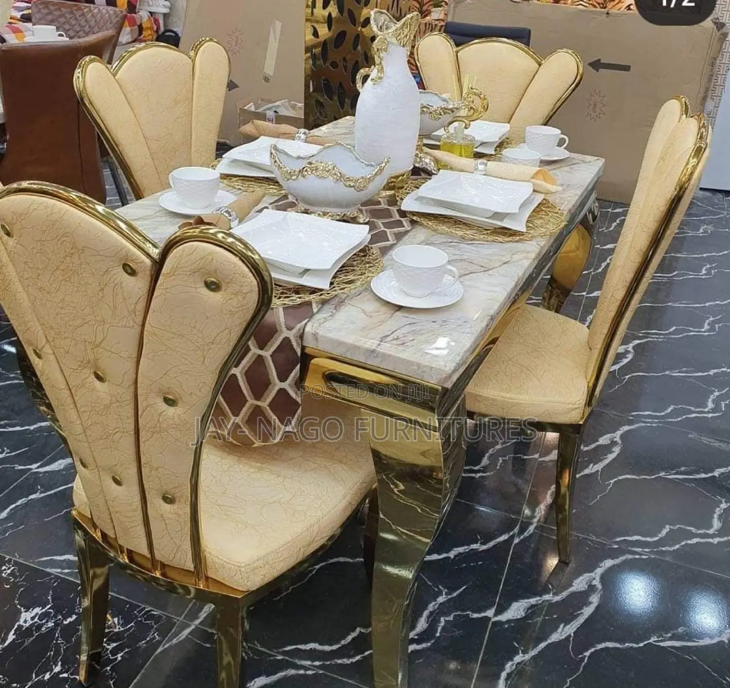 Golden Royal Marble Four Seater Dining With Butterfly Chair