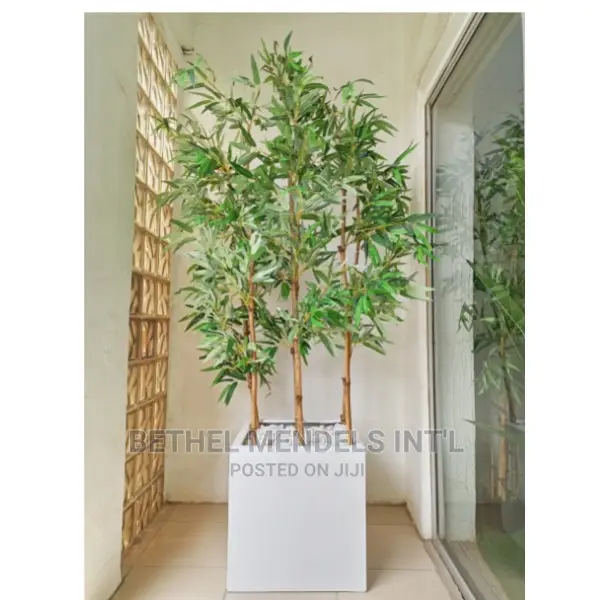 Combo of Square Fiberglass Flower Pot and Fake Bamboo Plants