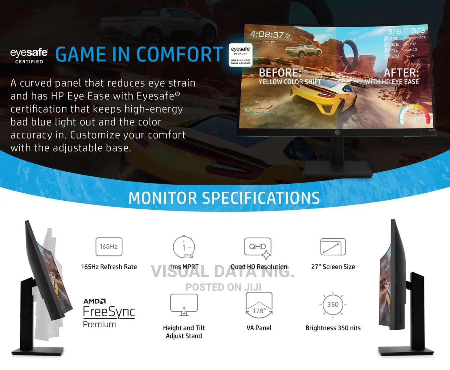 HP X27qc QHD Curved Gaming Monitor -2560 X 1440 - 27inches