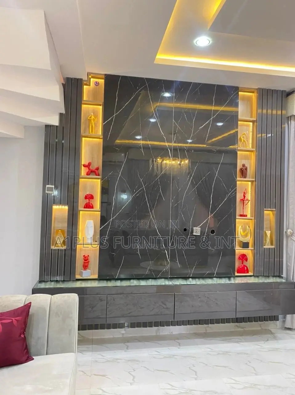 Grey Marble Tv Cladding With Inner Shelving Glass Console