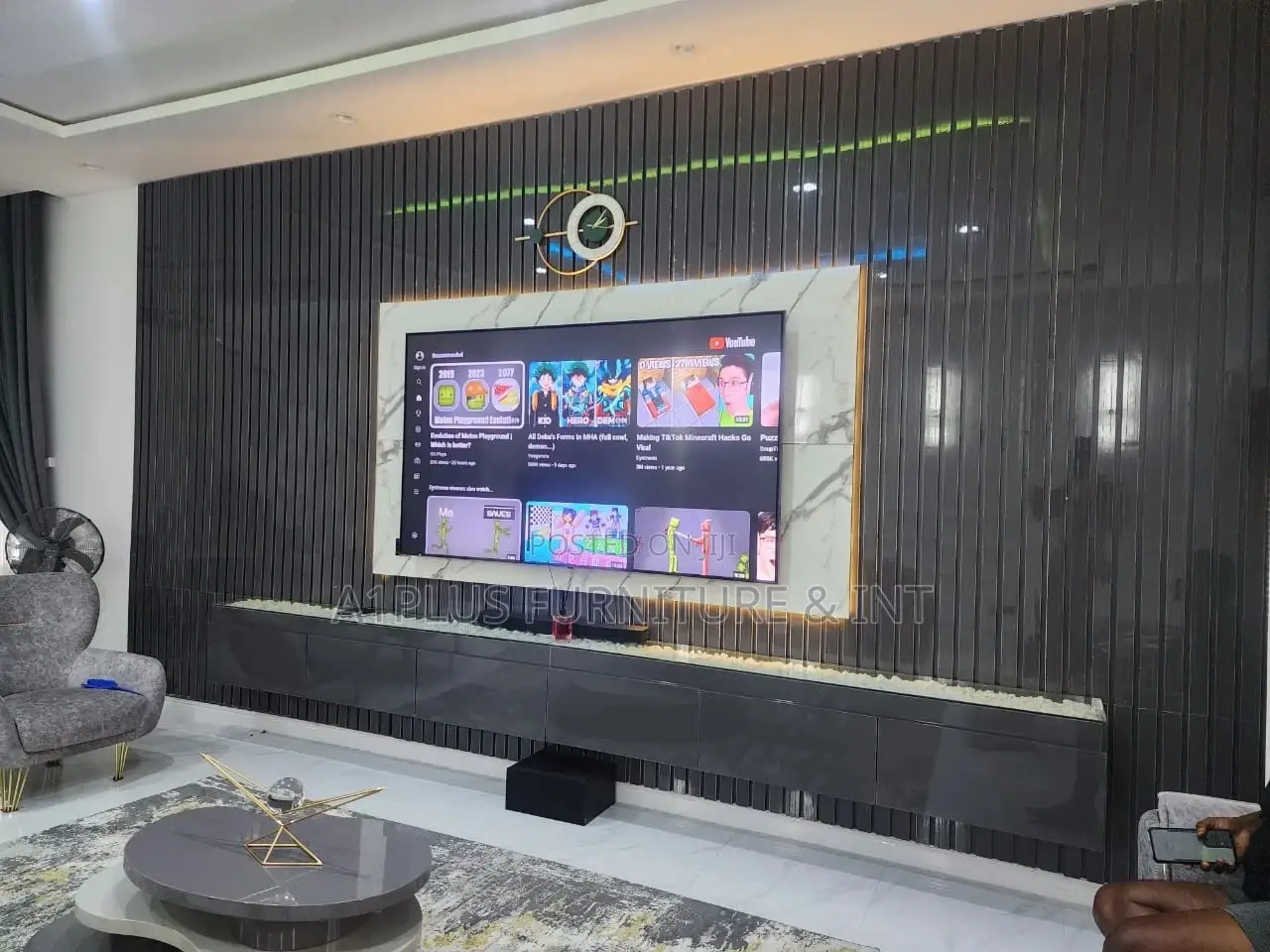 Dark Grey Slats Mable Board Tv Wall Cladding