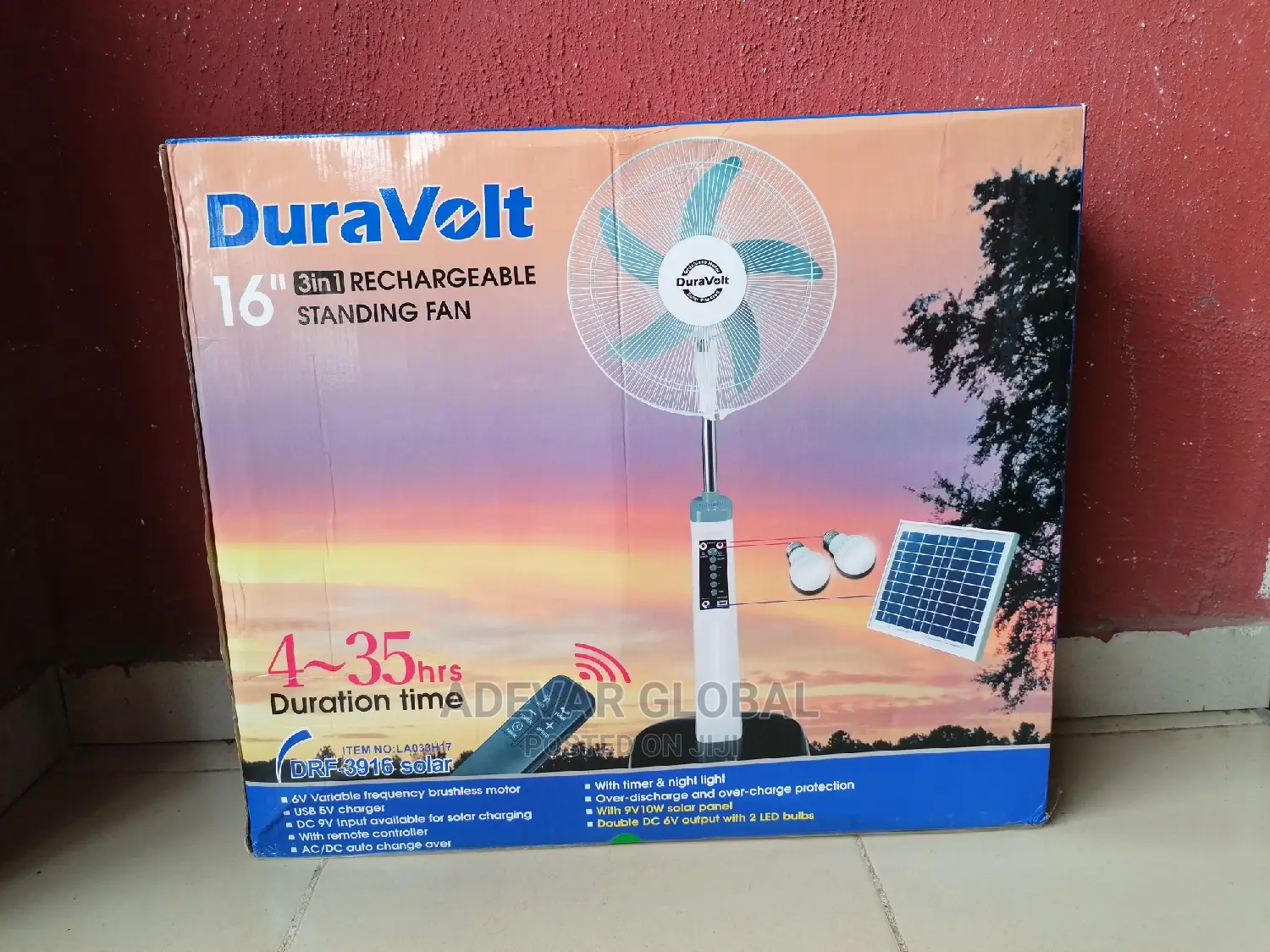 Duravolt 16 Inches 3 in 1 Rechargeable Fan +Solar Panel