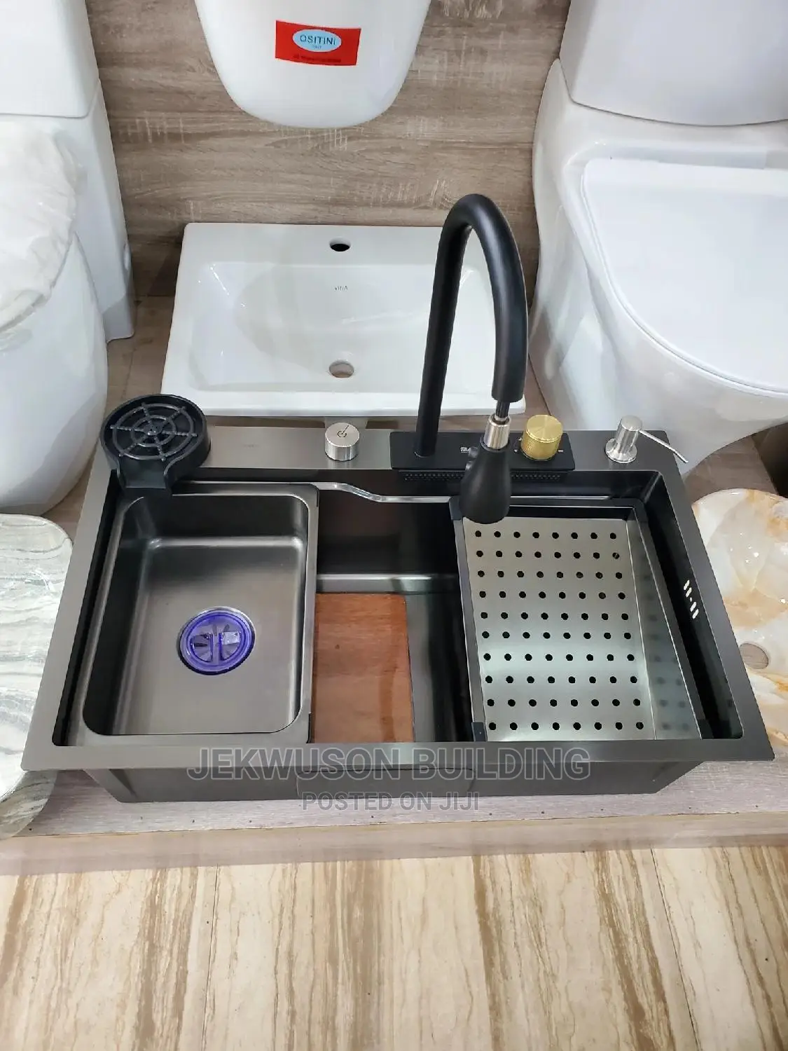 Black Kitchen Sink With Tap,Glass Washer,Basket and Waste