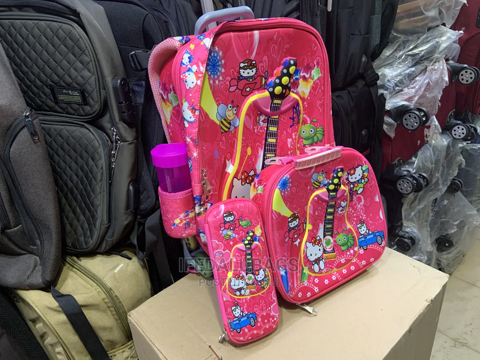 Set 4n1 Pink Trolley School Bag With Wheels and Back Strap