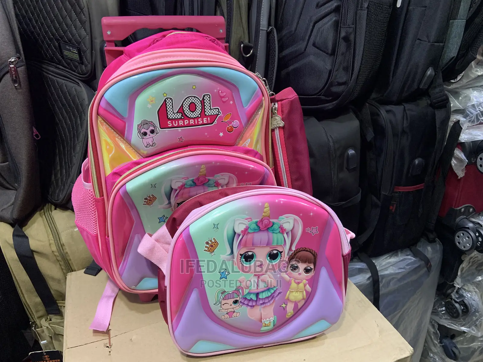 3n1 Cartoon Character Pink Kids School Bag With Trolley