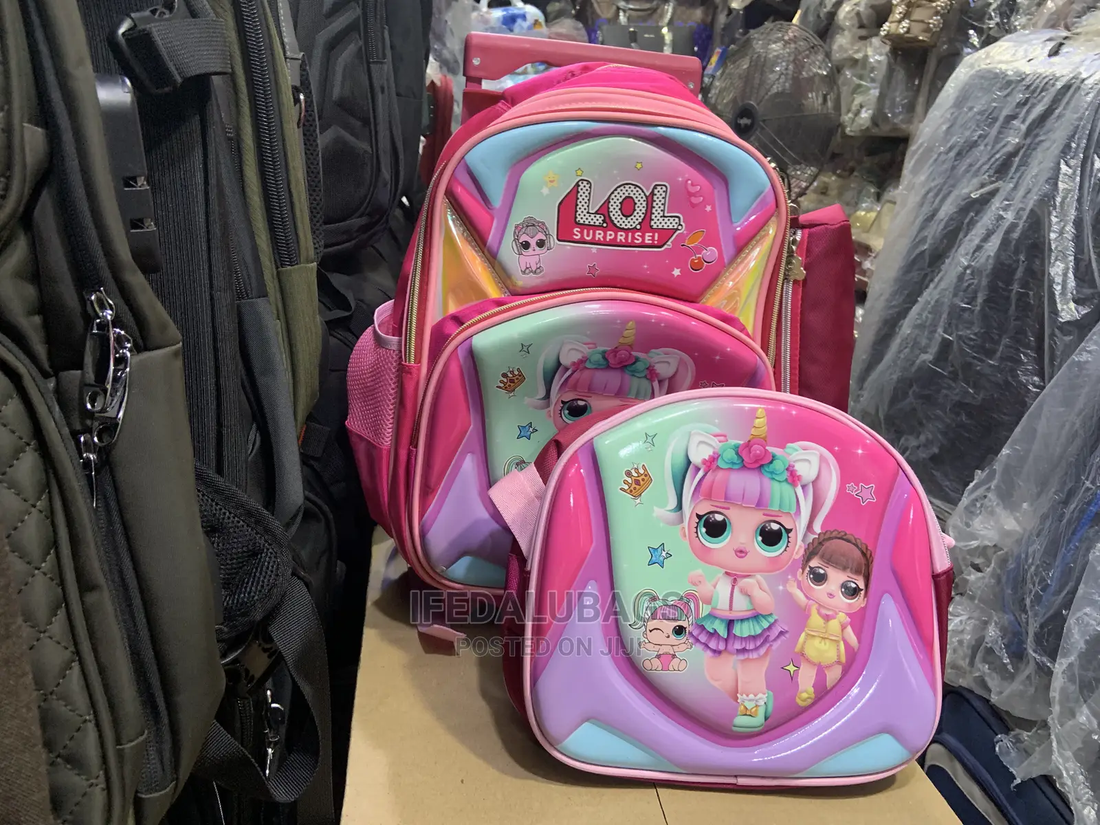 3n1 Cartoon Character Pink Kids School Bag With Trolley