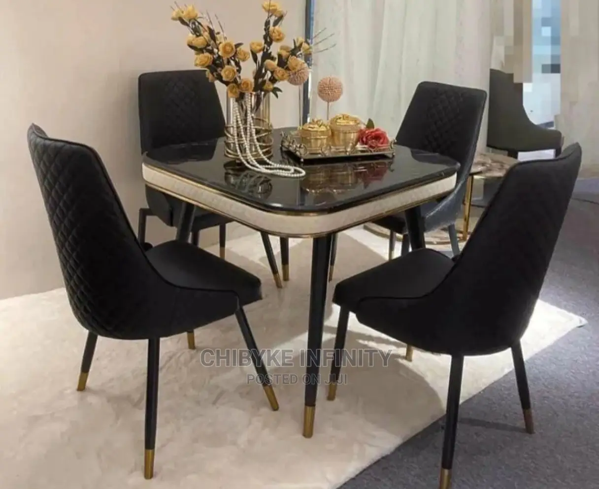 New Modern Marble Top Dining Table With 4 Leather Chairs.