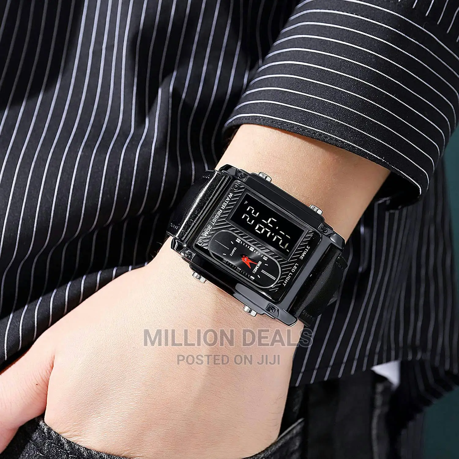 Leather Strap Dual Time Men's Wrist Watch Black