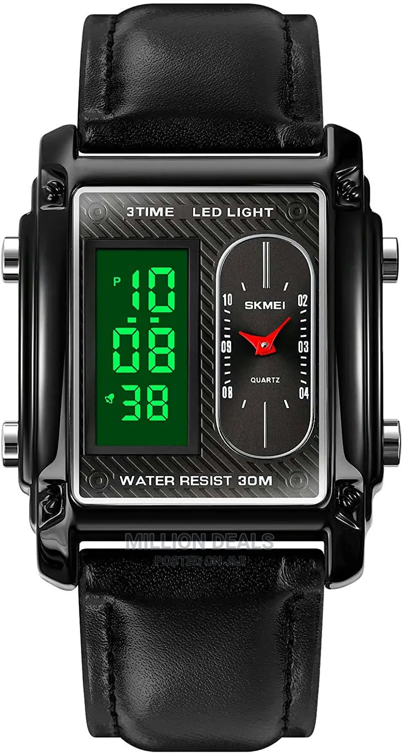 Leather Strap Dual Time Men's Wrist Watch Black