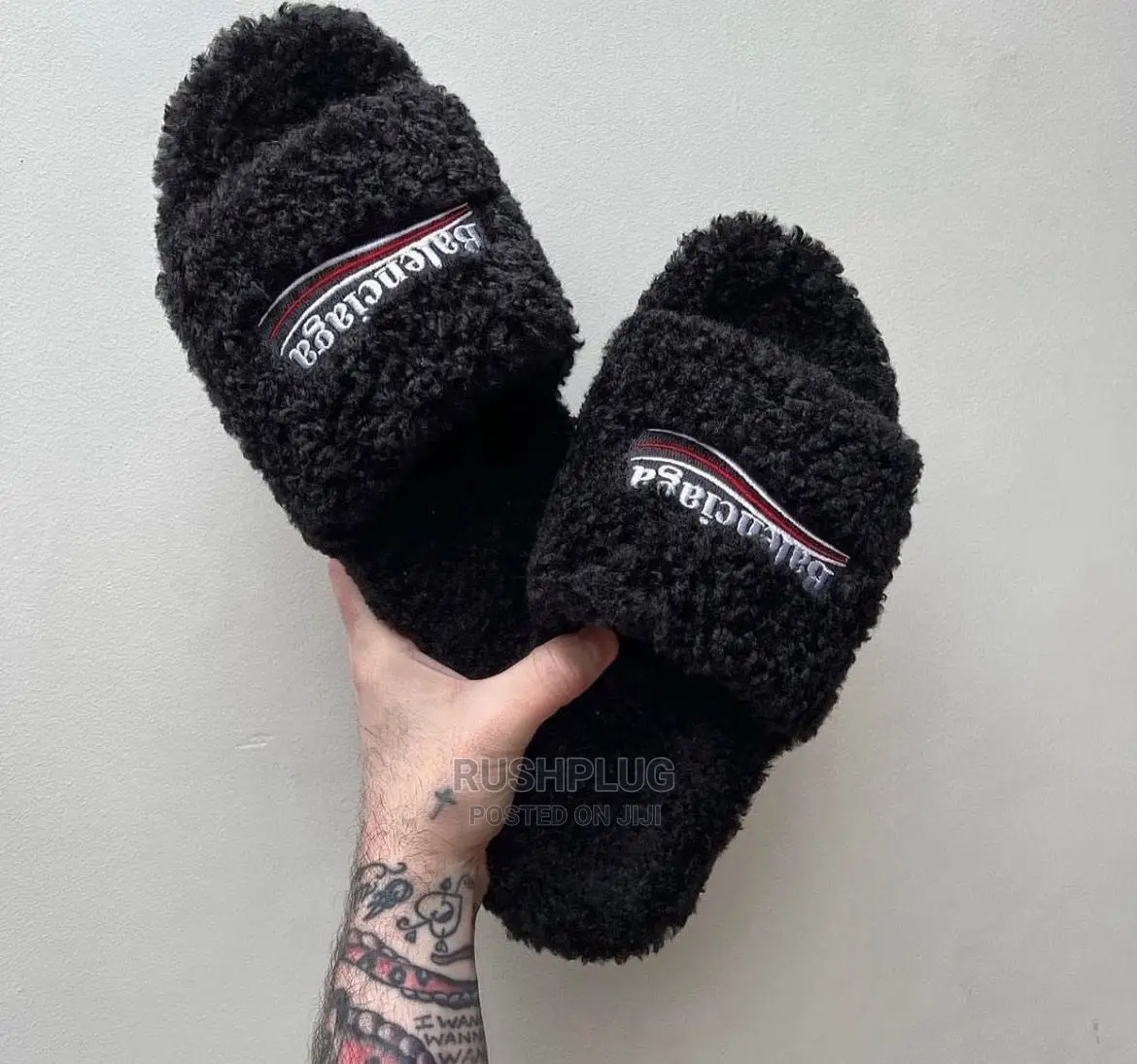 Balenciaga Black Logo-embroidered Faux-fur Sliders