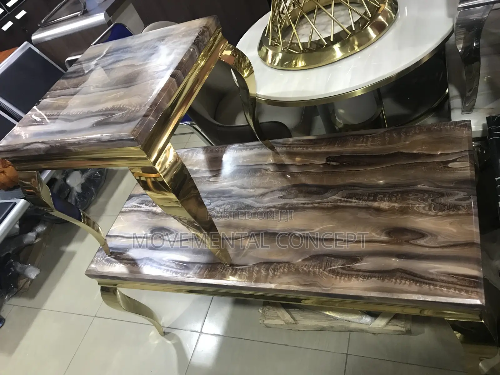 Gold Marble Center Table With 2 Side Tables