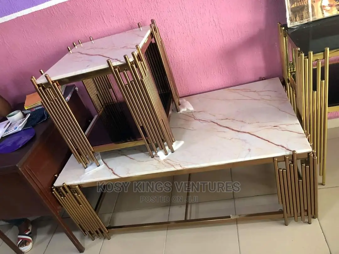 Gold Marble Center Table With Two Side Stools