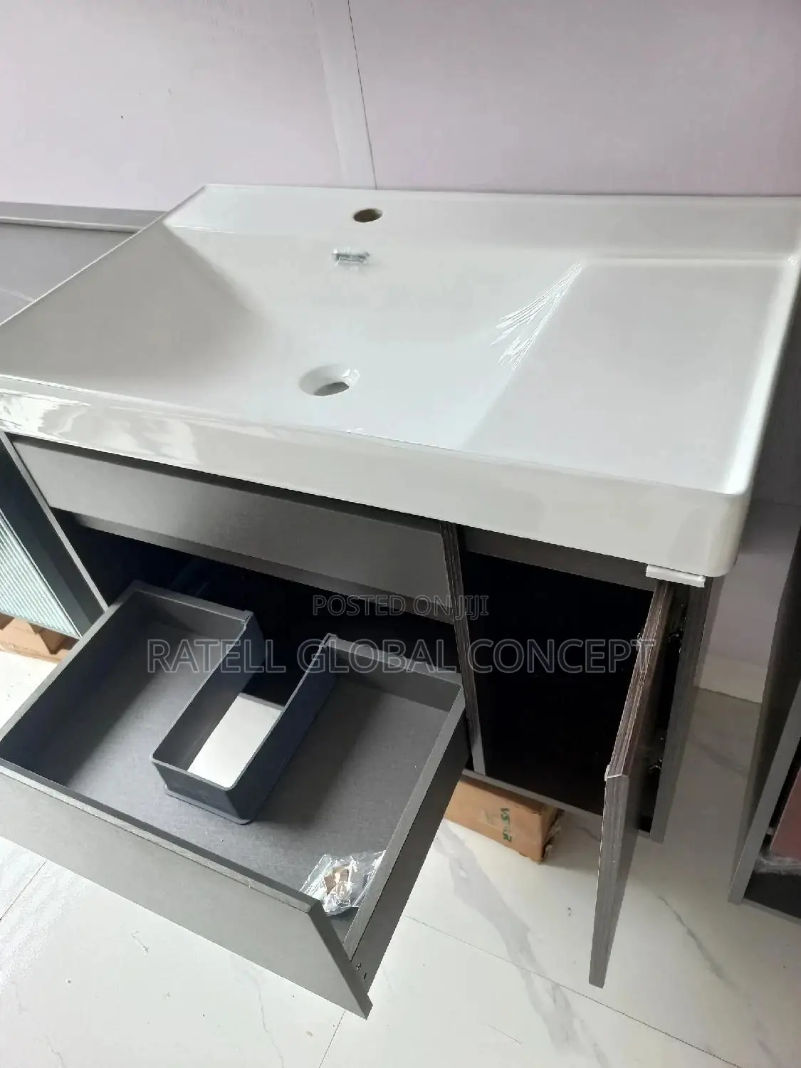 Cabinet Wash Basin With Storage Shelf Sensor Led Mirror