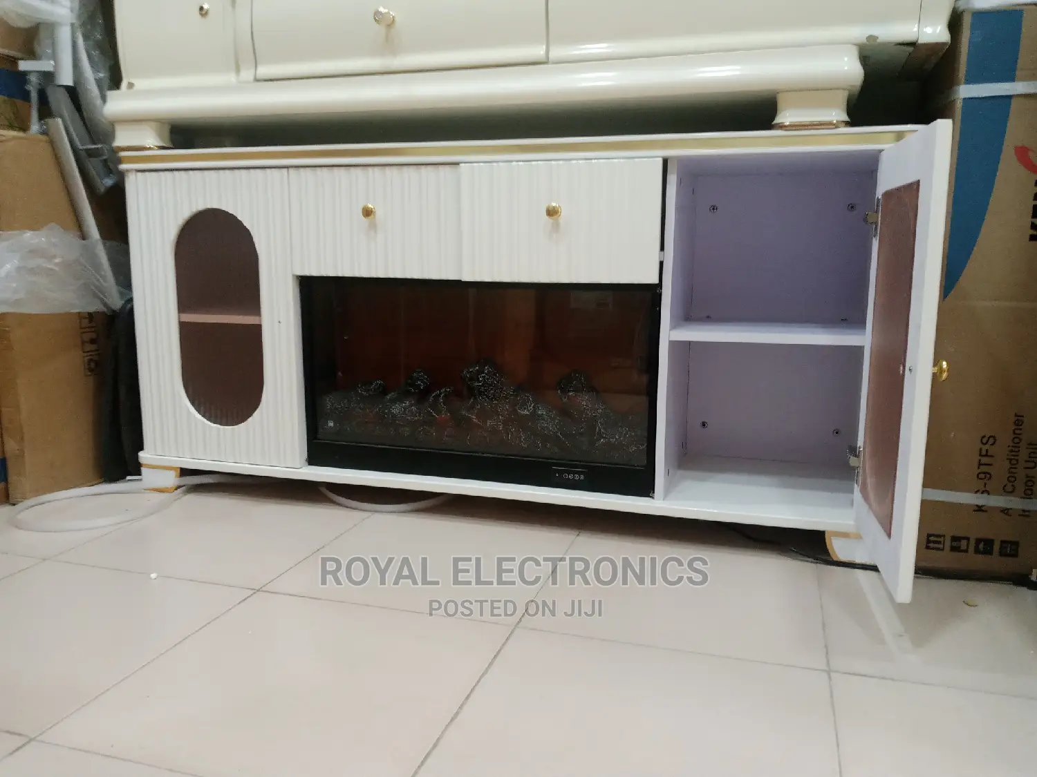 White Fireplace TV Stands With Double Drawer