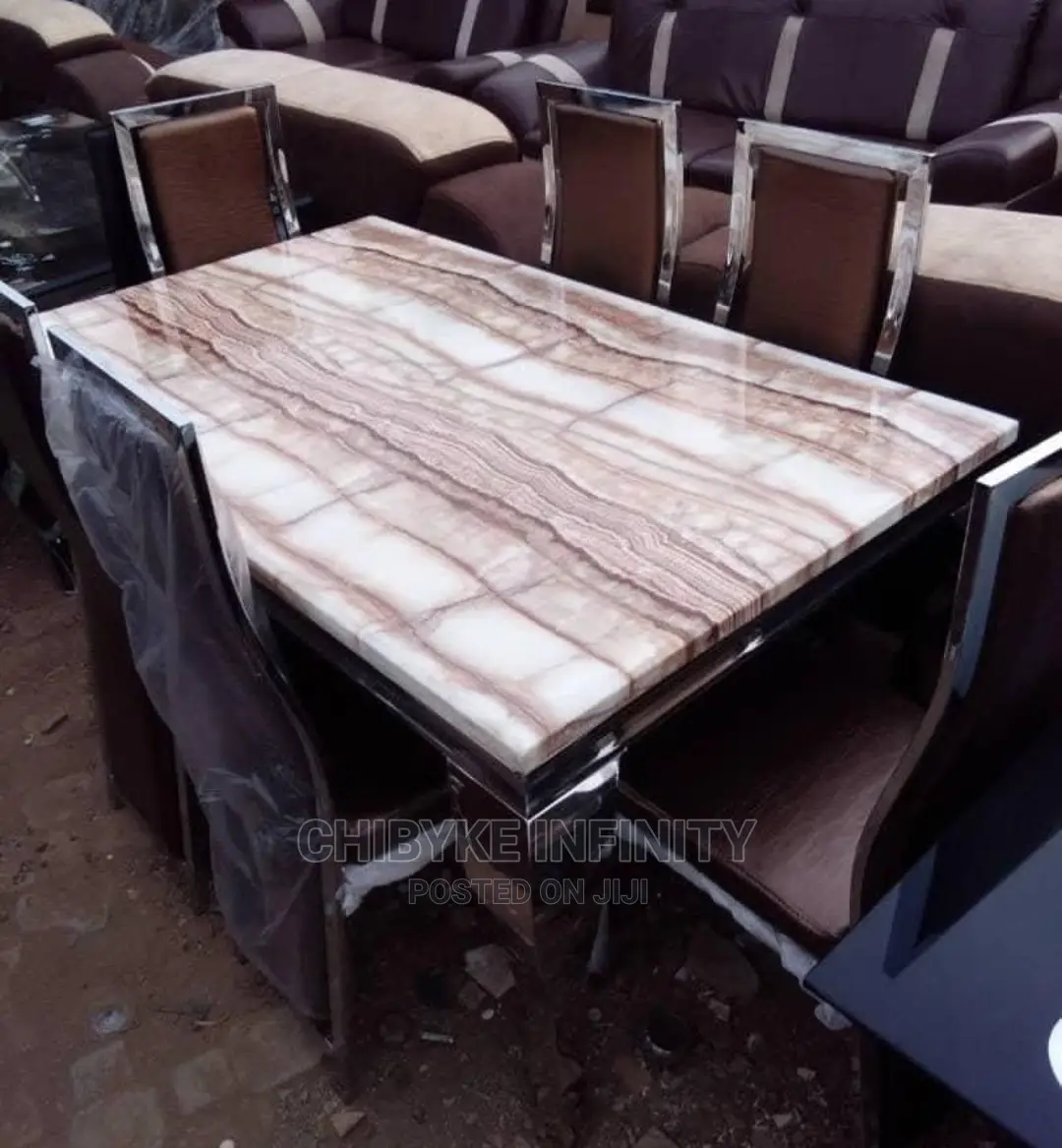 Quality Marble Top Dining Table With 6 Chairs Brown