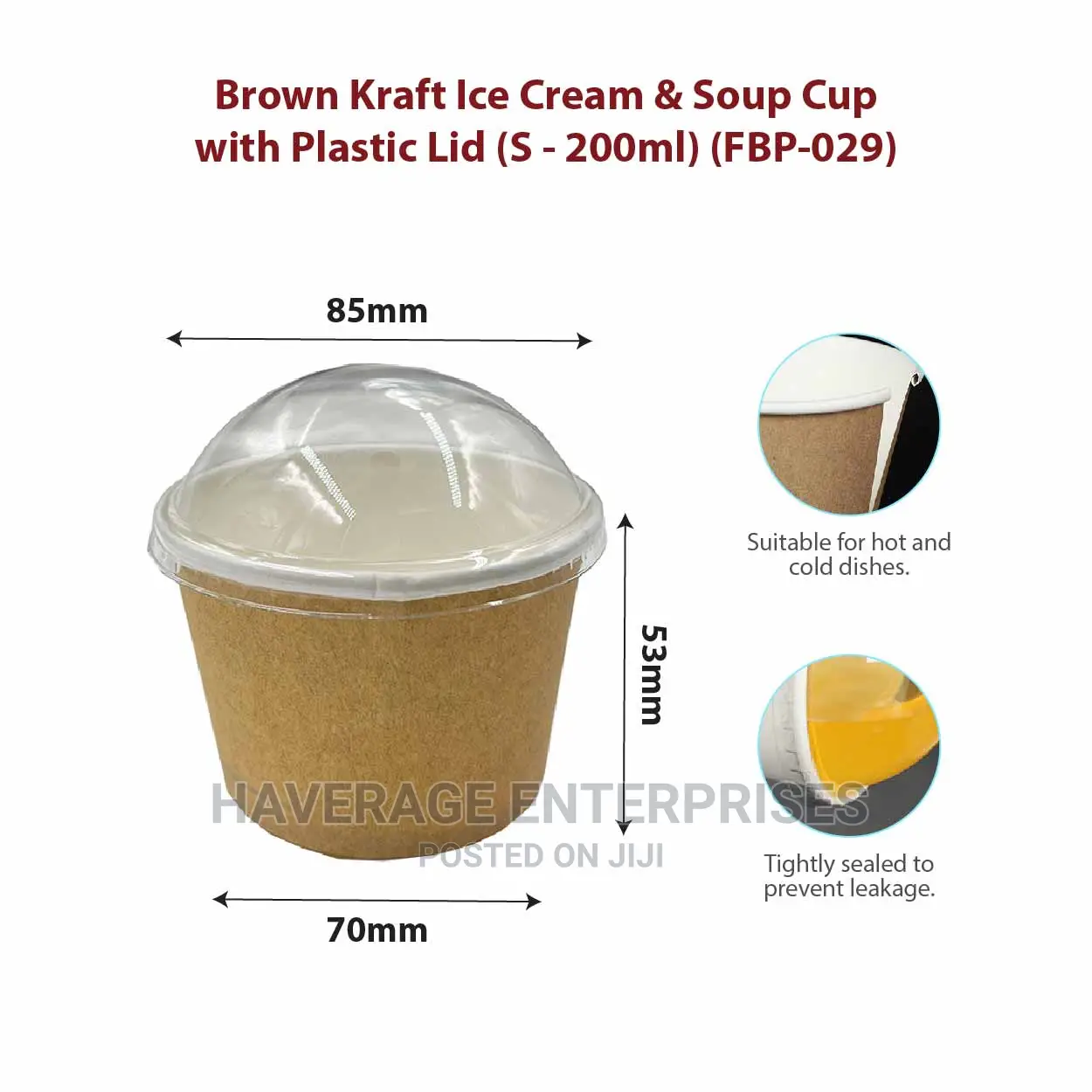 8oz/250ml Kraft Ice Cream Soup Cup Plastic Lid 200pcs
