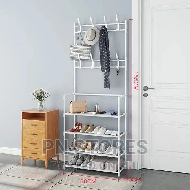 Multifunctional Shoe and Coat Rack- White- 5 Layers