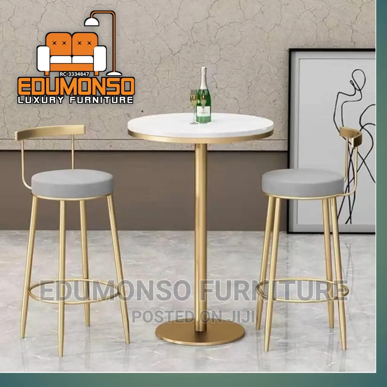 Marble Round High-Leg Table, Golden Cocktail Table
