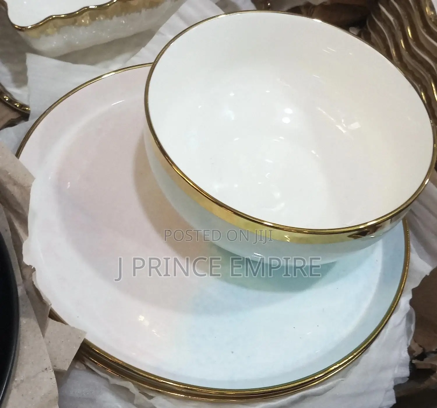Dinnerware Set, White Gold 6pcs Flat / 6pcs Bowls