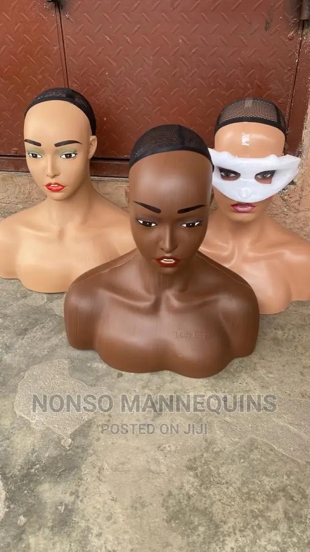 Different Shades Of Female Mannequin Heads With Shoulder