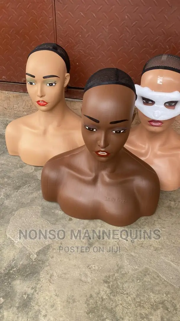 Different Shades Of Female Mannequin Heads With Shoulder