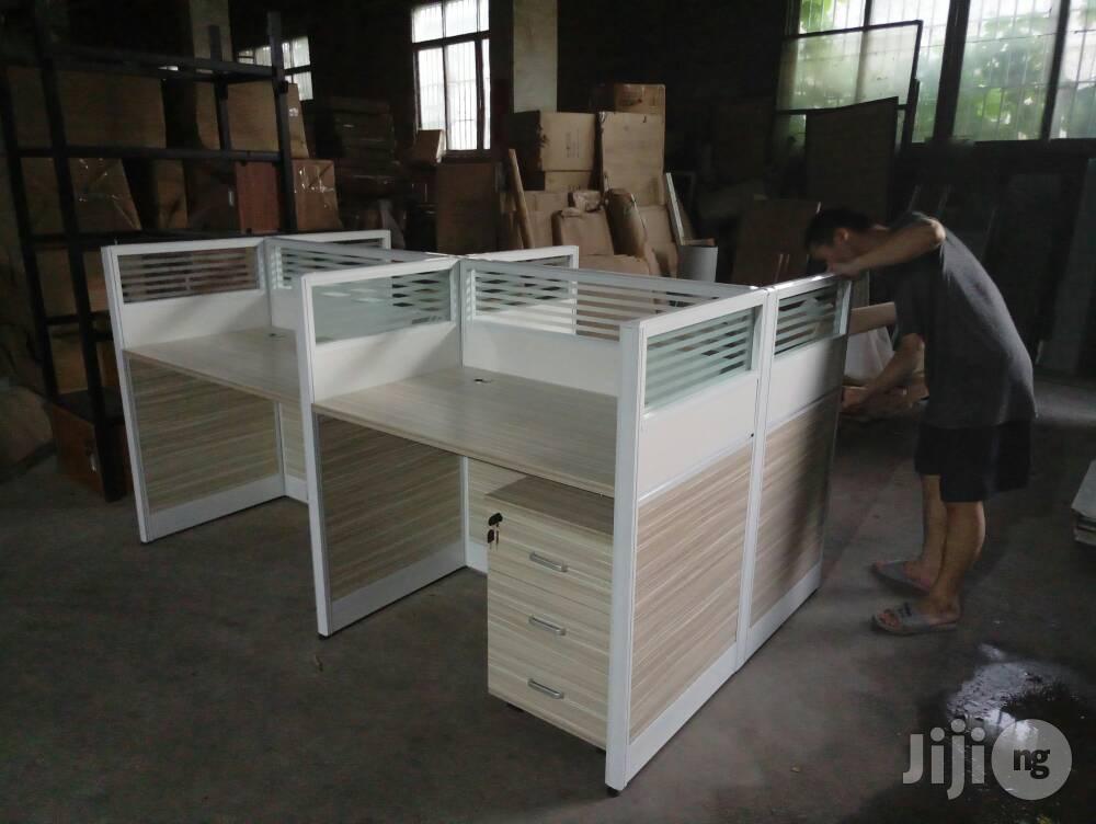 Wood Color And White Workstation For 4