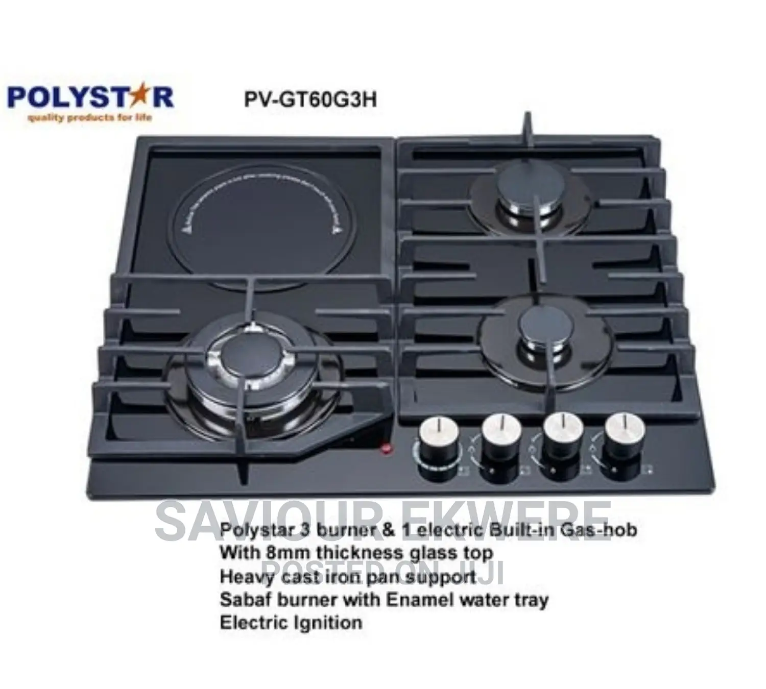 3 Burner + 1 Hot Plate in-Built Glass Table Top Gas Hob