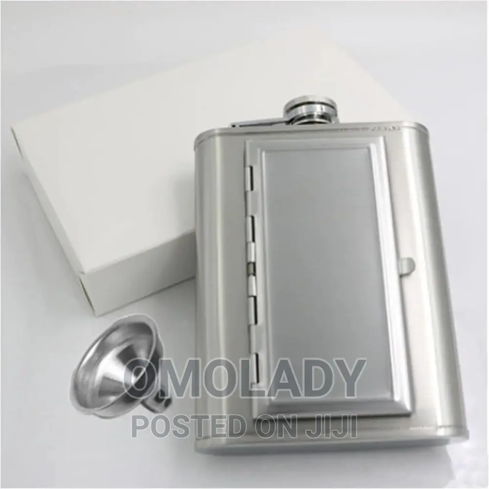 Hip Flask and Cigarette Case With Two Silver Cups Funnel