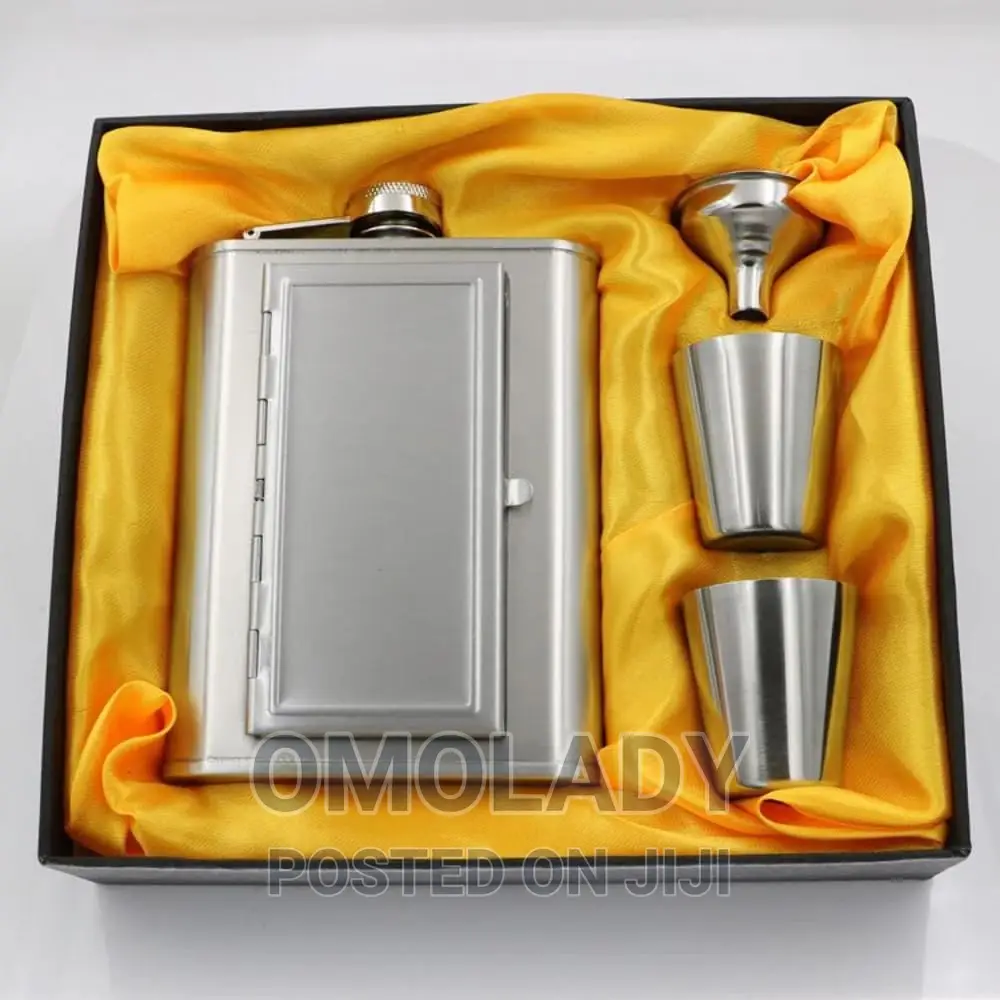 Hip Flask and Cigarette Case With Two Silver Cups Funnel