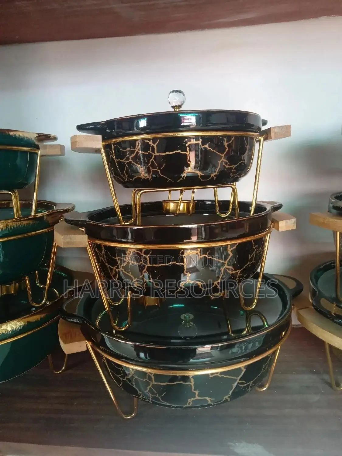 Buffet 3pcs Glass Plates With Golden Stands.