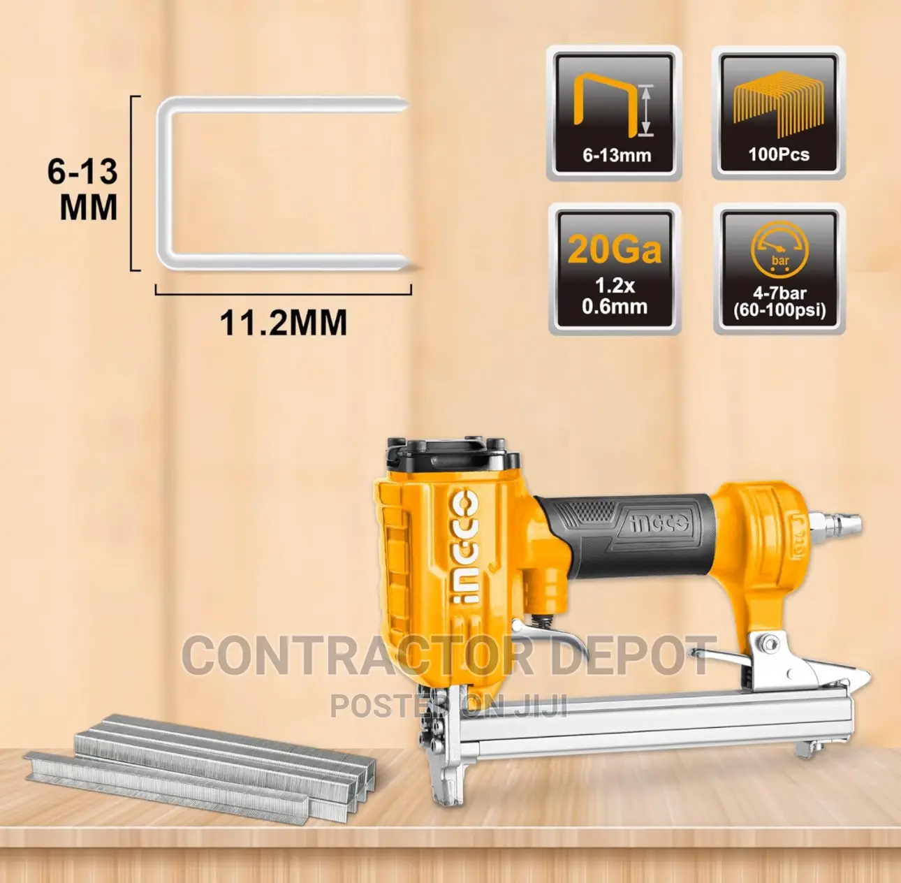 Ingco Air Stapler Pneumatic Staple Gun 20 Gauge 6-13mm Size