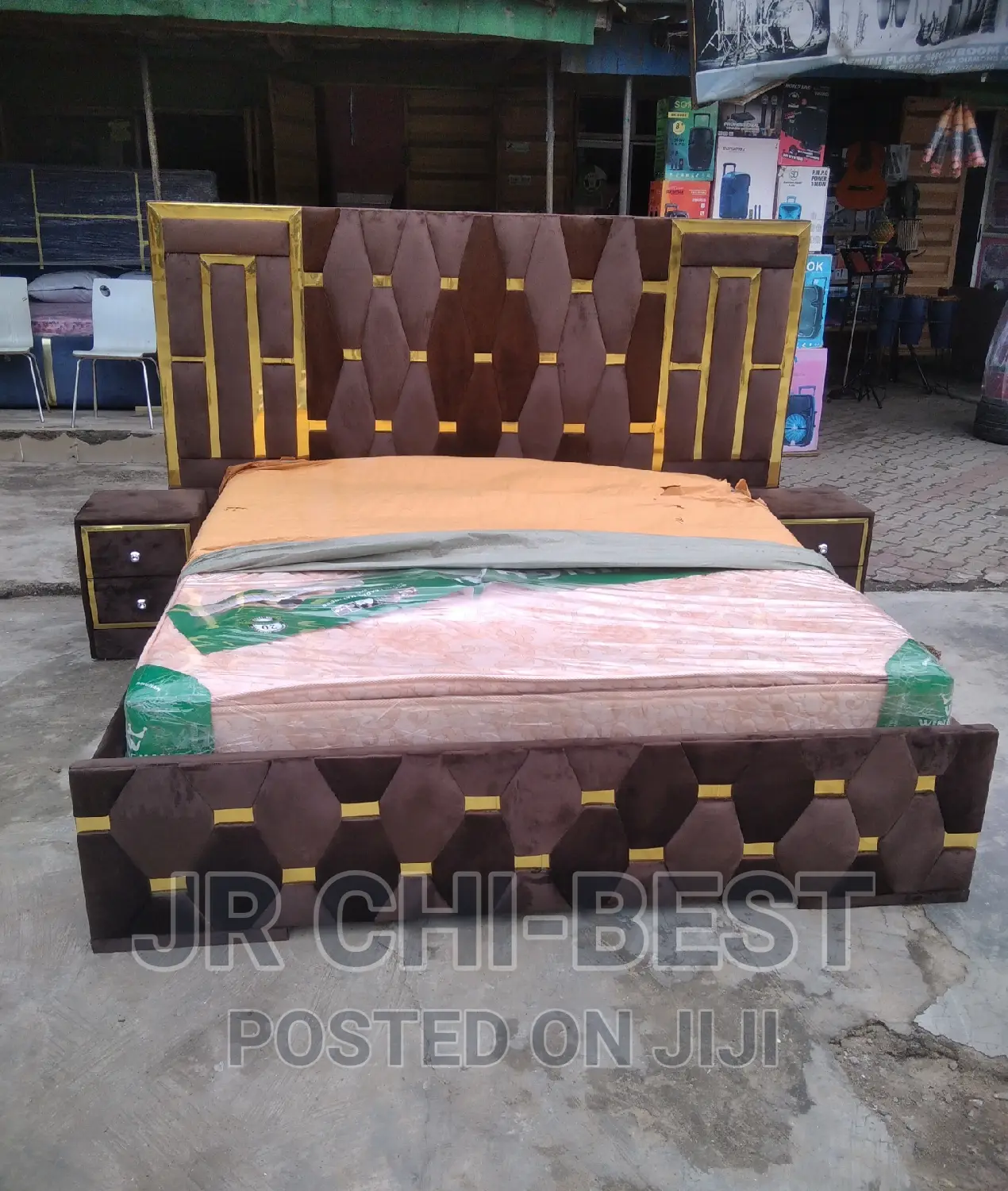 6 by 6 Upholstery Padded Bed Frame With Two Bedsides