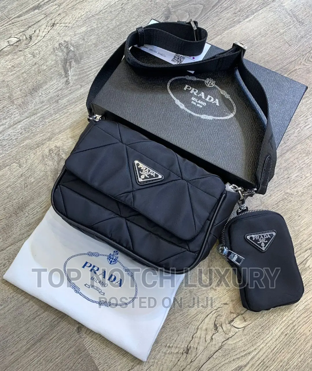 Original PRADA Leather Double Bag Designer Cross Bag Unisex