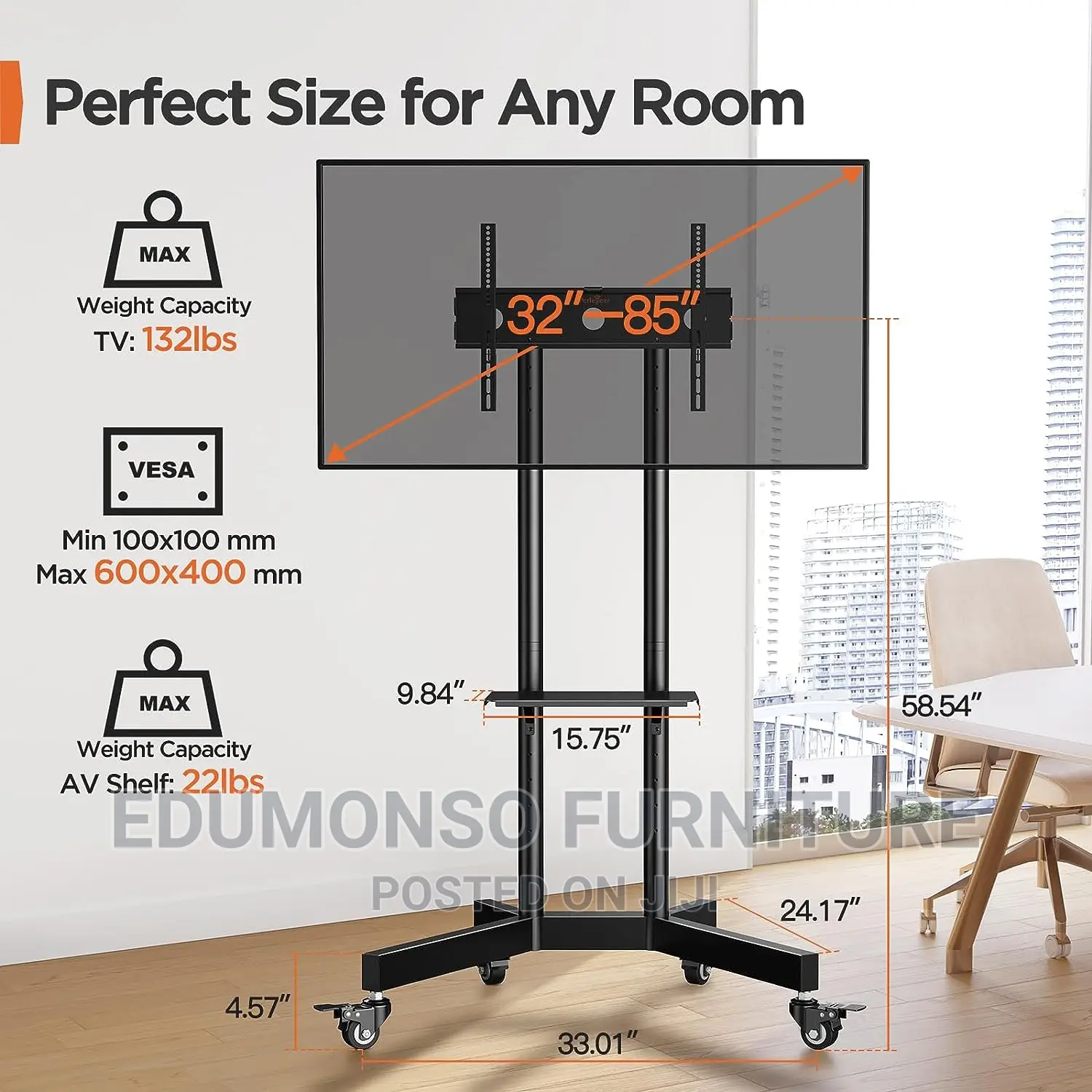 Rolling Tv Stand for 32-70 Inch Screens Up to 132 LBS