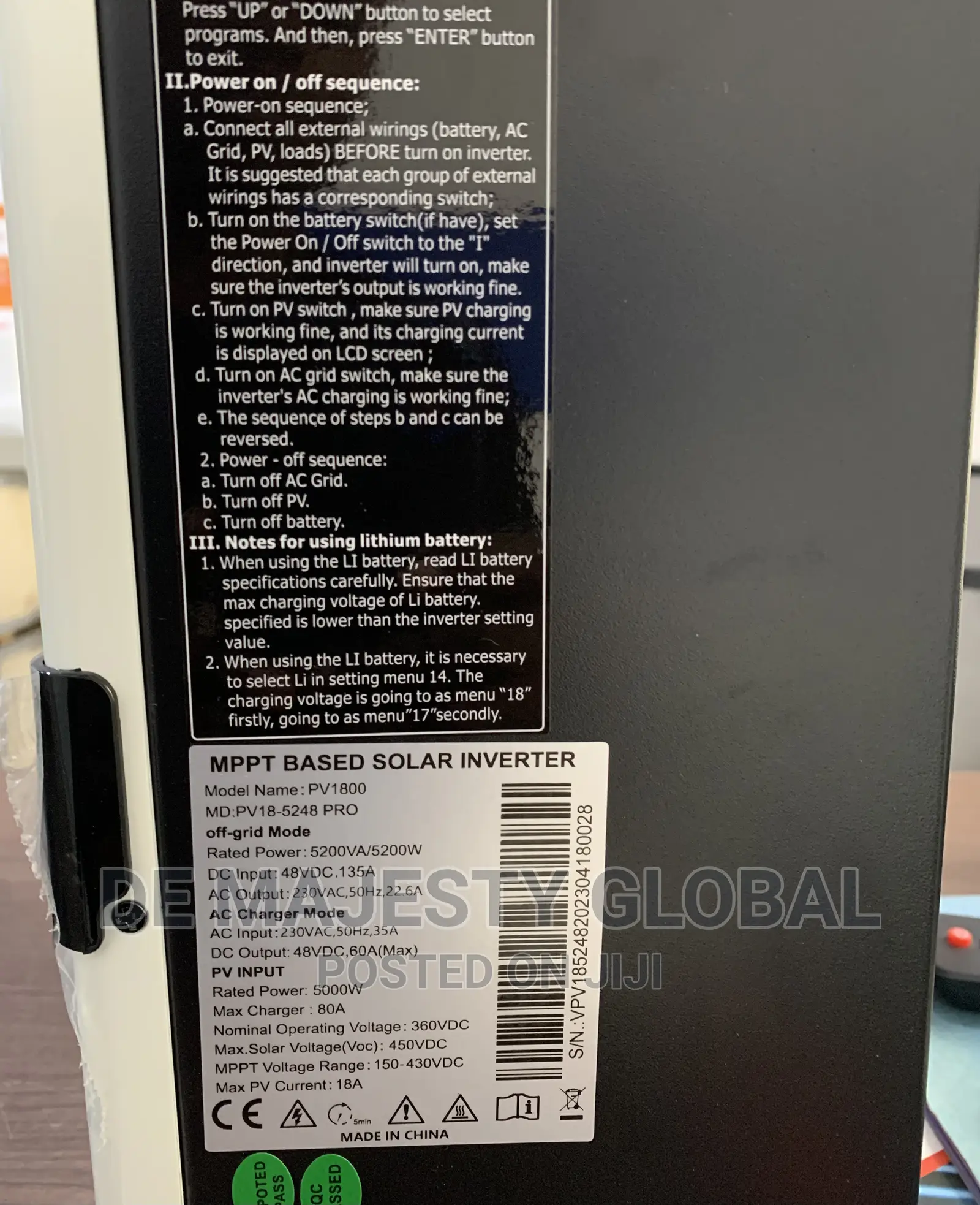 Must 5kva 48V Hybrid High Voltage Inverter Upto 430v MPPT