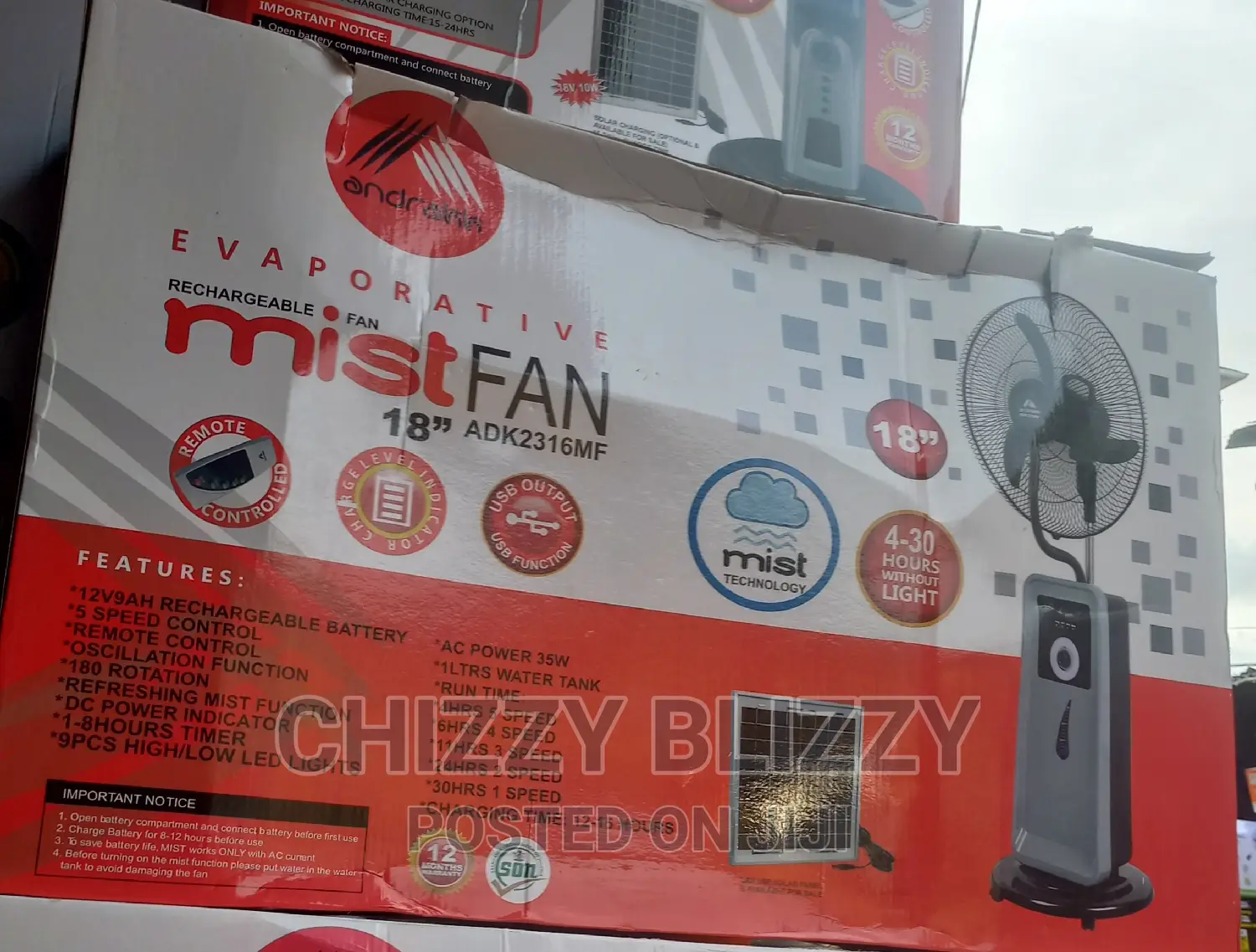 Andrakk Rechargeable Mist Fan With Solar Panel And Usb Cable