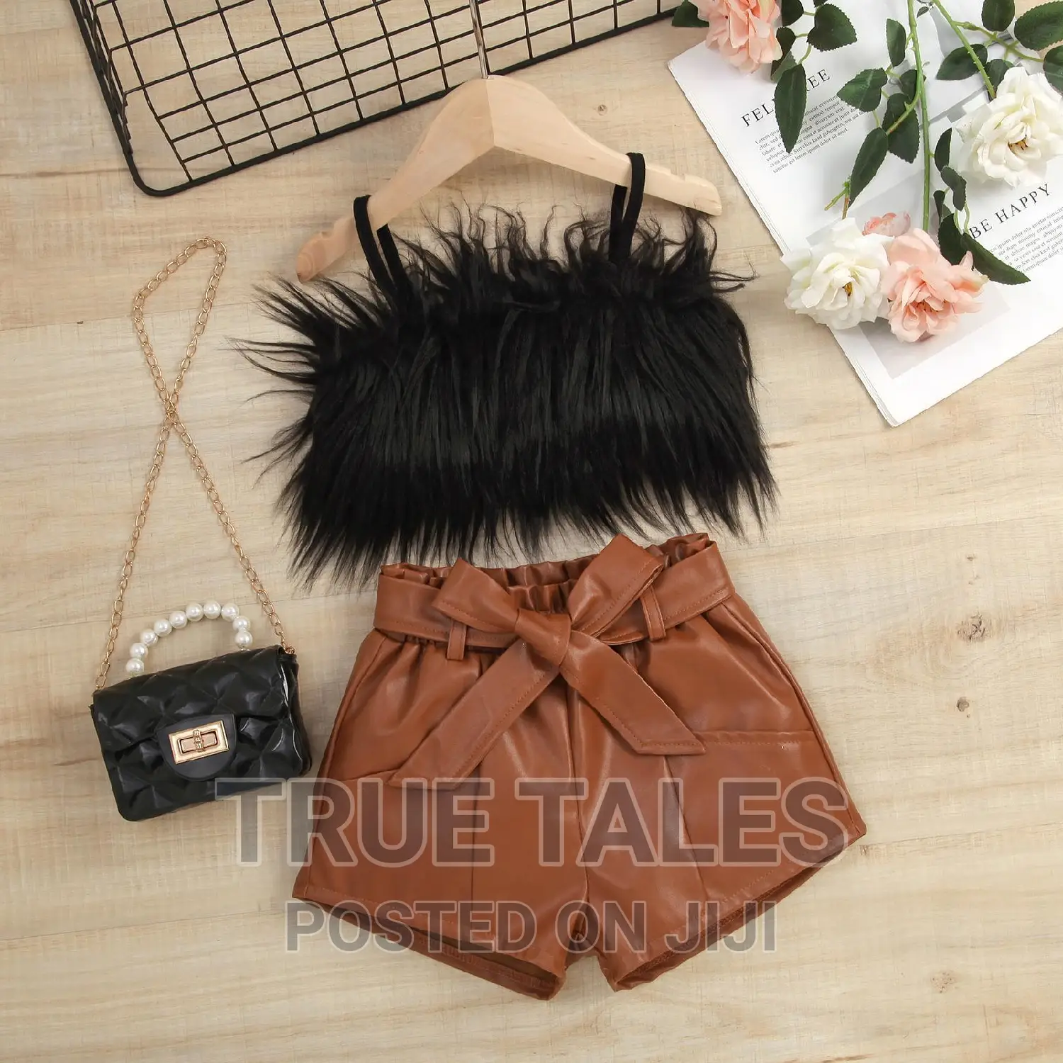 Girls'furry Frills Spaghetti Top And Leather Shorts