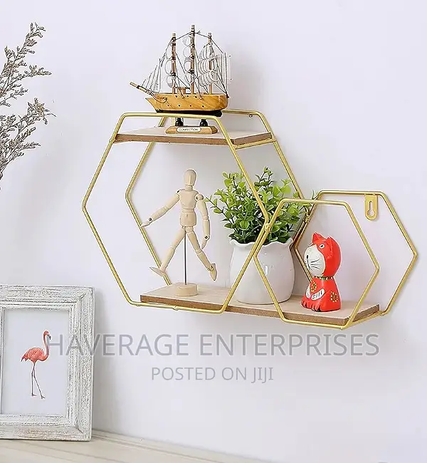 Hexagonal Floating Shelf With Wooden Board,